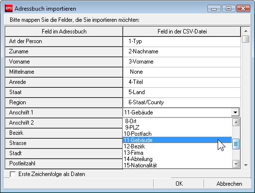 Online-Einreichung vergleicht die Namen der Felder in der CSV-Datei mit den Namen der Felder im Adressbuch. Wenn die Feldnamen exakt übereinstimmen, werden sie automatisch aufeinander zugeordnet.