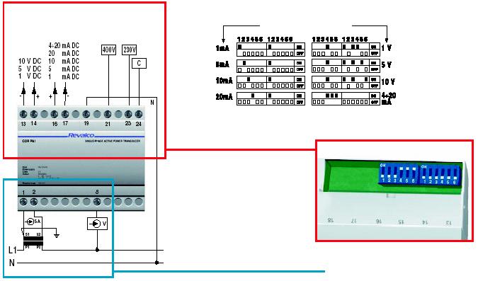 1CORPA1 / 1CORPR1 Ausgang einstellbar über DIP-Schalter : Für Spannungsausgang = Klemme 13+ 15, bei einem Stromausgang Klemme 13 + 14 verwenden.