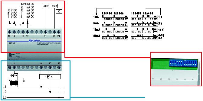 1CORPA2 / 1CORPR2 Ausgang einstellbar über DIP-Schalter : Für Spannungsausgang = Klemme 13+ 14, bei einem Stromausgang Klemme 16 + 17 verwenden.