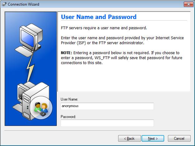 Im Feld User Name geben Sie anonymous ein und das Passwortfeld