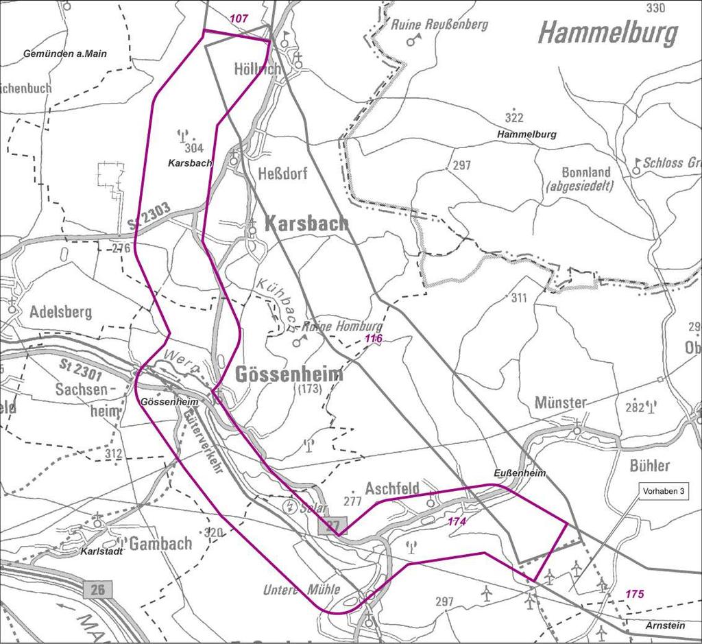 1.2 Kurzbeschreibung/Charakteristik 1.2.1 Verlauf - Beginnt südwestlich von Weyersfeld und verläuft zunächst weiter gegen Südwesten - Umgeht Heßdorf und Karsbach im Westen - Quert die Wern zwischen