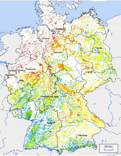 Ökosystemdienstleistung Wasserqualität: Stickstoffüberschuss Stickstoffüberschuss (Quelle: UBA 2009) Überschreitung der Trinkwassergrenzwerte für Nitrat in Deutschland bei über 50 % der