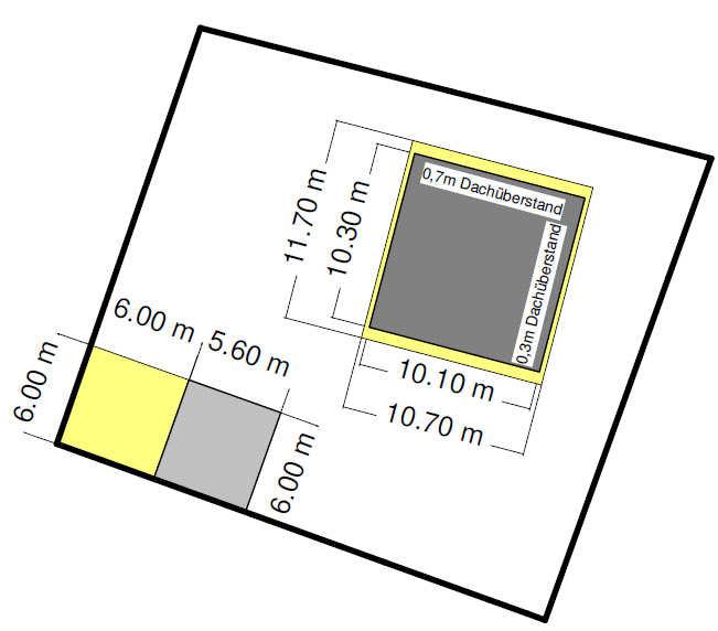 Wohnhaus: ohne Dachüberstand: 10,10 m x 10,30 m = 104,0 m² mit Dachüberstand: 10,70 m x 11,70 m = 125,2 m²