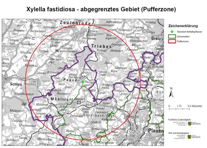 Xylella fastidiosa Auftreten in Sachsen Maßnahmen in betroffenen Gartenbaubetrieben und Handelseinrichtungen (Pufferzone) Pufferzone im Umkreis von 5 km um Befallszone Verbringungsverbot für