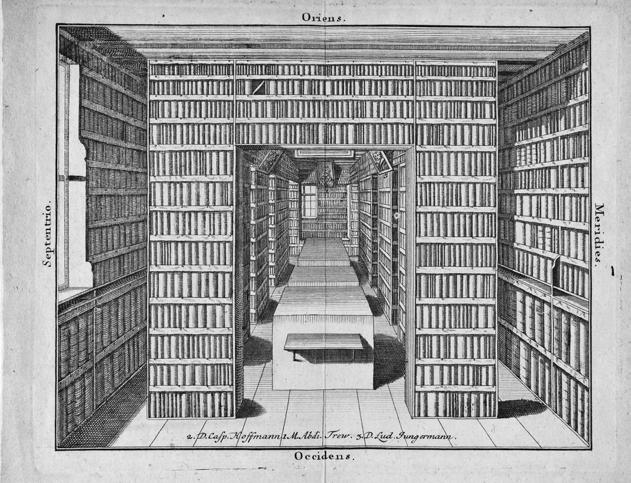 [ Elisabeth Engl / Ursula Rautenberg ] 14 Zeitgenössischer Kupferstich von Trews Bibliotheksraum (Stadtbibliothek im Bildungscampus Nürnberg, Will. III. 722.