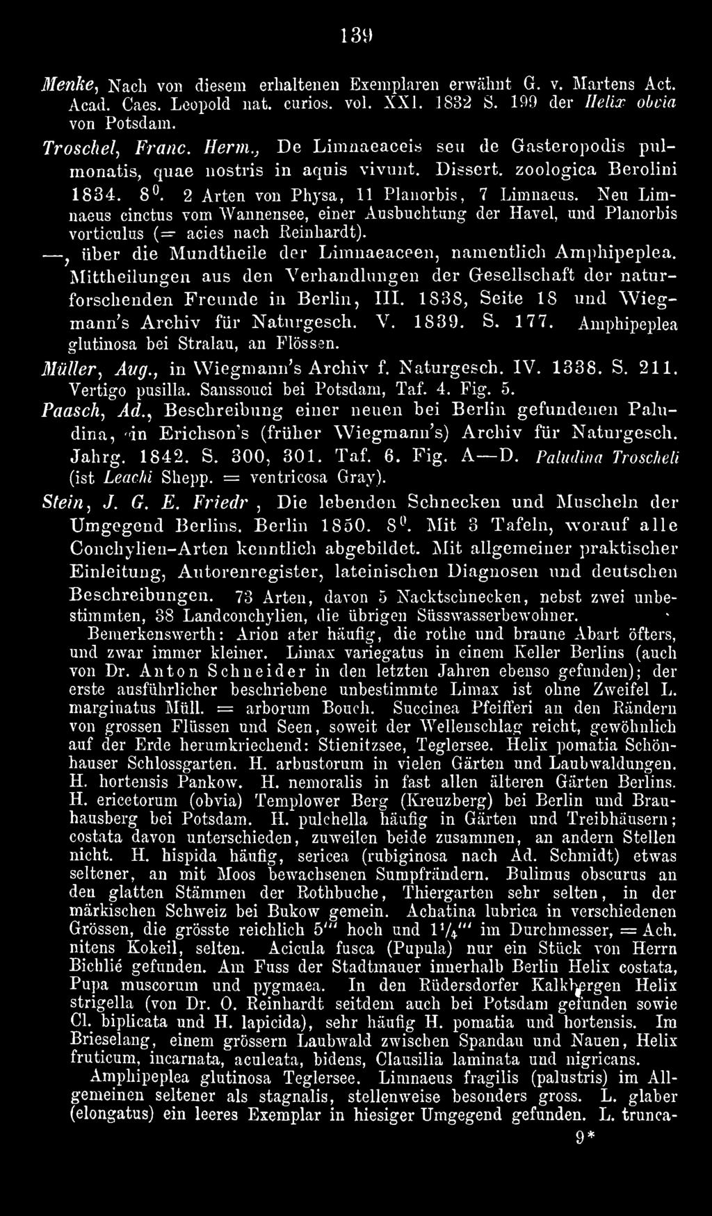 Amphipeplea glutinosa bei Stralau, an Flössen. Müller, Aug., in Wiegmann's Archiv f. Naturgesch. IV. 1338. S. 211. Vertigo pusiua. Sanssouci bei Potsdam, Taf. 4. Fig. 5. Paasch., Ad.