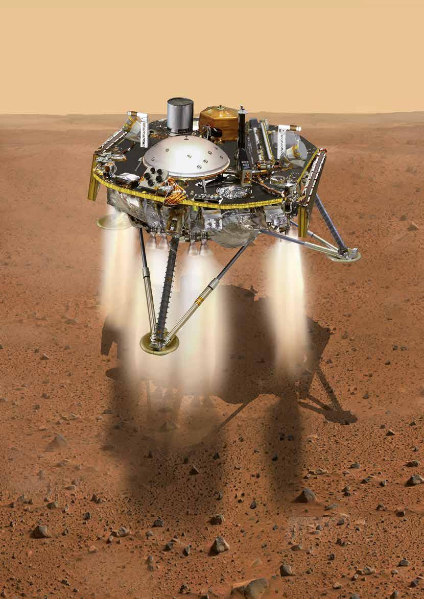 Am Ende des kritischen, etwa siebenminütigen Landesvorgangs wird InSight nach dem Abtrennen eines Überschall-Bremsfallschirms von autonom gesteuerten Triebwerke gebremst auf dem Mars aufsetzen.