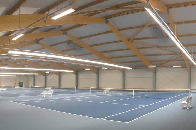 Beispielhaft in Architektur und Ausstattung: neue Tennishalle in Herzogenaurach EFFIZIENT HIGHLIGHTS Profi Sport Line PSL Blendfrei und ballwurfsicher Optimale Ausleuchtung für Tennishallen Licht ist
