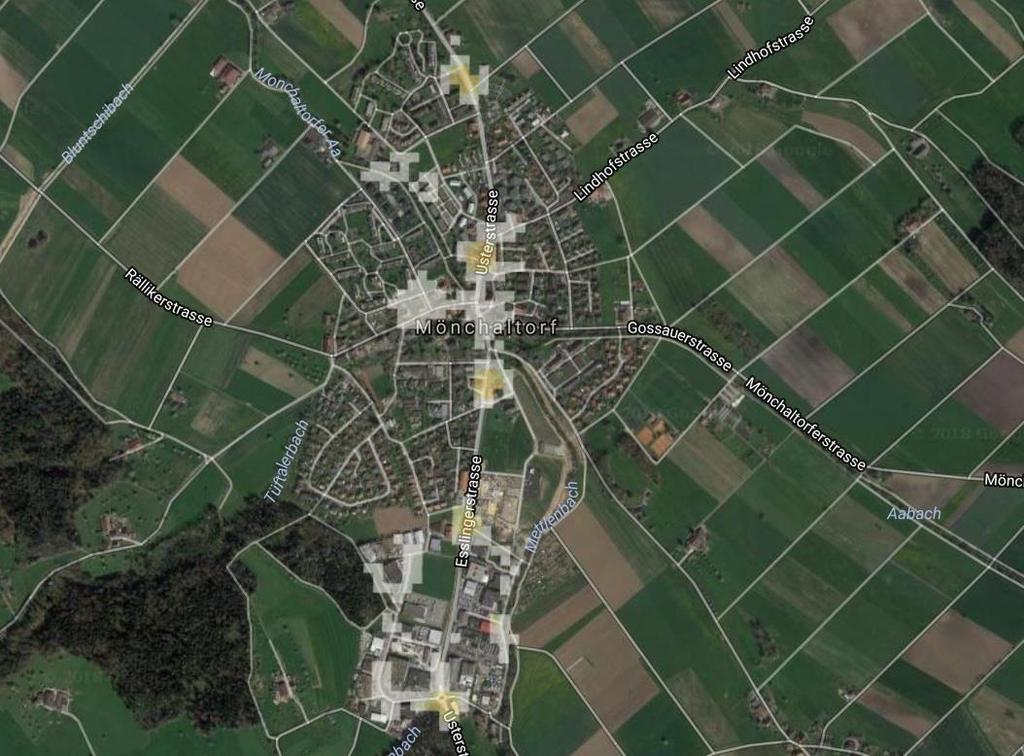 10 4.4 Frequenzen in kleinen Ortschaften In kleinen Ortschaften wie Mönchaltdorf (ZH) ist das Frequenzbild durch ÖV und Industrie geprägt, wie Abbildung 9 verdeutlicht.