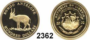 ..Polierte Platte 110,- 2362 100 Dollars 2002 (3,64 g fein). Bongoantilope. GOLD.