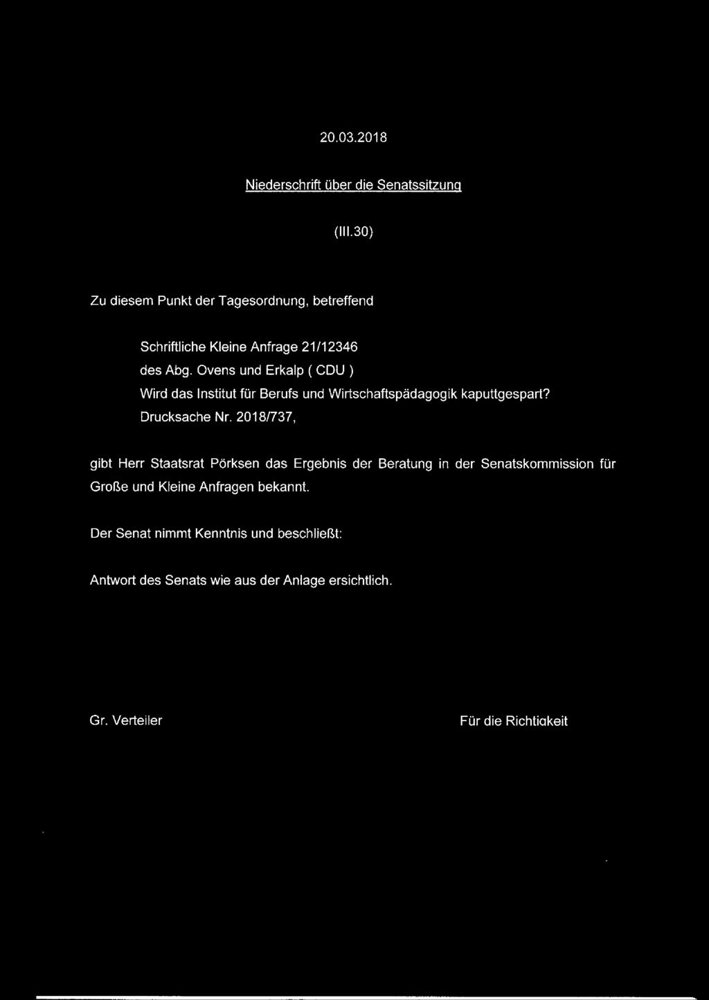Niederschrift über die Senatssitzuna (III.30) Schriftliche Kleine Anfrage 21/12346 des Abg.