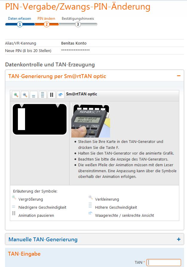 Sm@rt-TAN optic: Erstanmeldung Online-Filiale - Schritt für Schritt erklärt Stecken Sie Ihre VR-BankCard in den Leser. Drücken Sie die Taste F. Es erscheint die Meldung Übertragung aktiviert.
