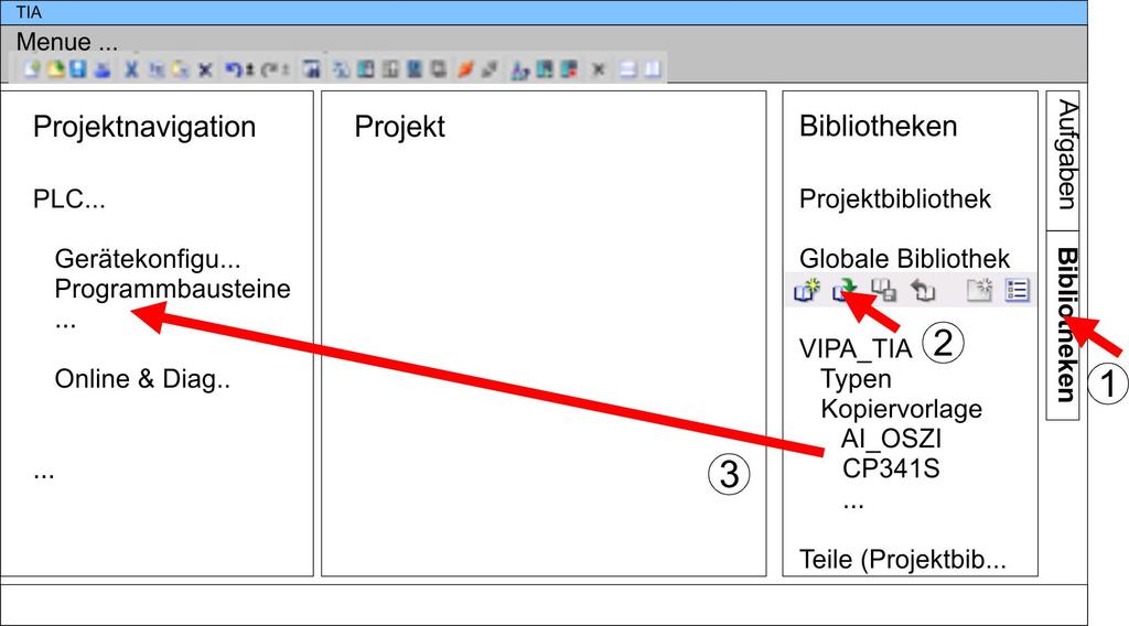 Projektierung im TIA Portal VIPA System 300S CPU TIA Portal - Projekt transferieren Bibliothek öffnen und Bausteine in Projekt übertragen 1. Starten Sie das Siemens TIA Portal mit Ihrem Projekt. 2.