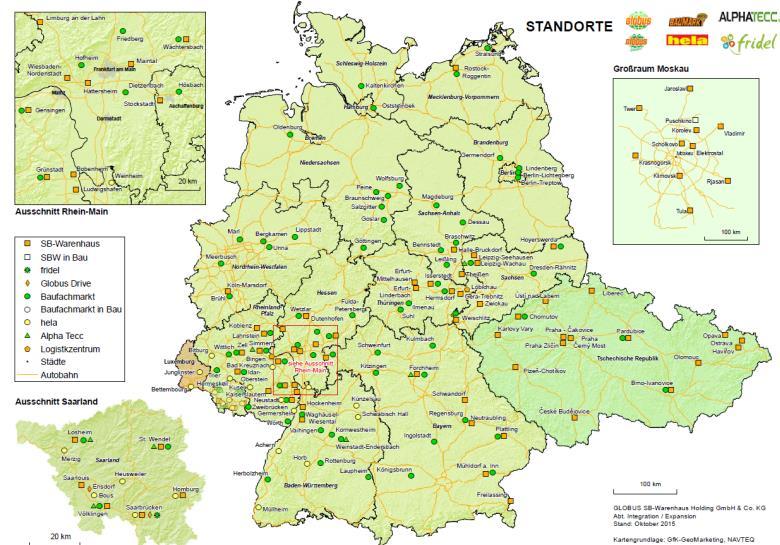 Hier steht GLOBUS heute In Deutschland: 46 Warenhäuser 89 Fachmärkte (Hela und Baumarkt) 7 Alphatecc 1 Drive-Stationen 1 fridel Markt &