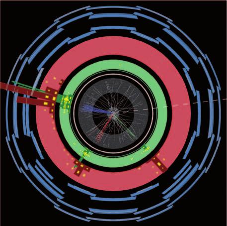 Abb. 5 Bei diesem Ereignis des ATLAS-Detektors sind nach der Kollision der Protonen im Zentrum u. a.