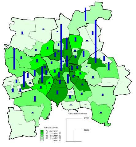 Verkaufsstellen und Verkaufsflächen Quelle: Stadtplanungsamt Leipzig Verkaufsstellen und besonders Verkaufsflächen waren in Leipzig relativ inhomogen auf die Ortsteile verteilt.