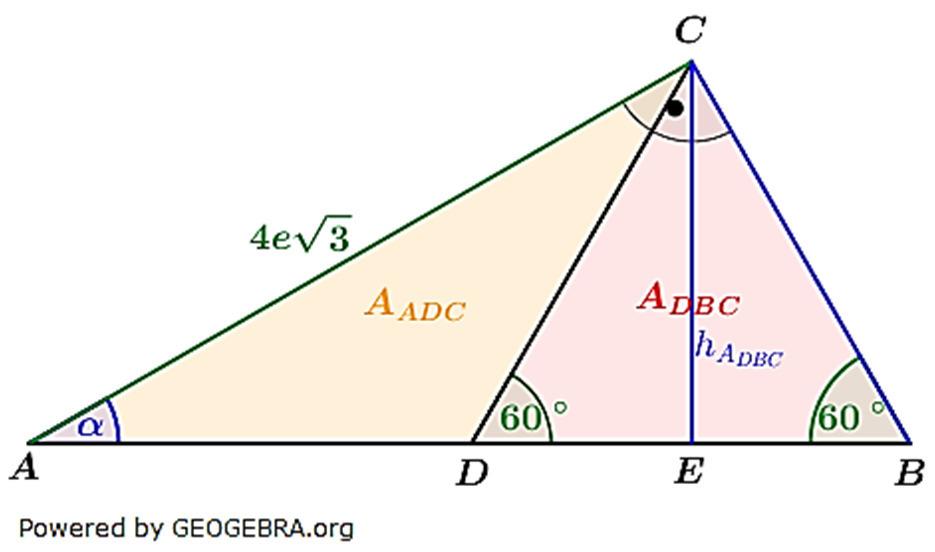Lösung W1b/2018 Fläche der Dreiecke und : Durch die Aufgabenstellung gleichseitiges Dreieck sind die Winkel des Dreiecks mit 60 bekannt. Berechnung von über 