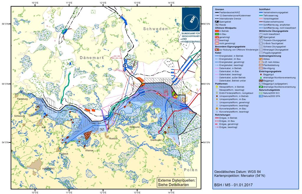 Ostsee: Nutzungen und Schutzgebiete Die abgebildeten Informationen zeigen einen Überblick der dem BSH vorliegenden Daten. Diese sind in großen Teilen nicht aktuell, abschließend oder vollständig.