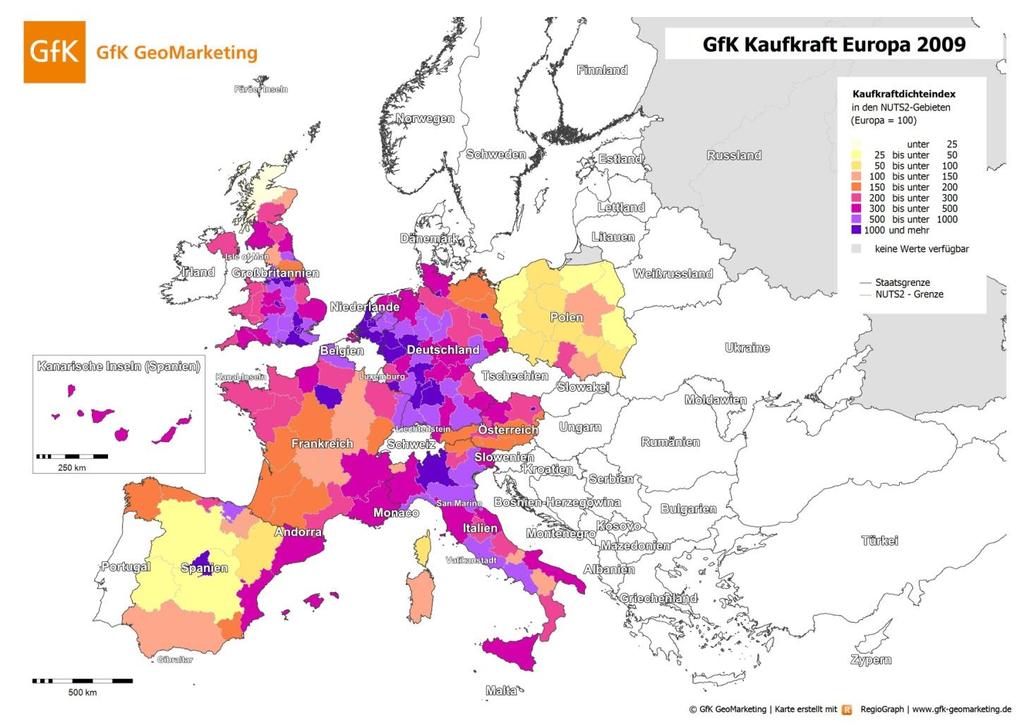 Tabelle 1: Die Bandbreite der GfK Kaufkraft 2009/2010 in den einzelnen Ländern (Angaben in Euro) Oberbayern: 23.212 Sachsen- Anhalt: 15.548 Île de France: 22.