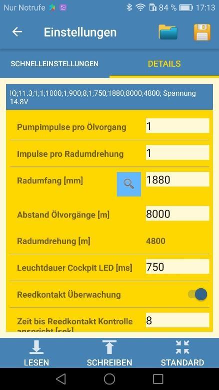 Wichtigsten Werte in Details der Android App Pumpimpulse pro Ölvorgang. Bei der Webasto hat sich 1 bewährt und bei der Dellorto 3 Impulse pro Radumdrehung.