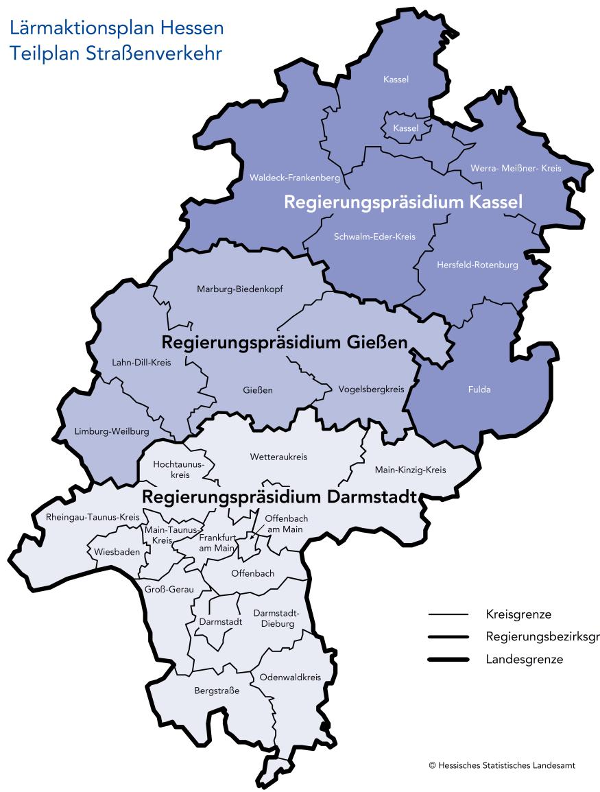 Zuständigkeiten in Hessen: Für die Lärmkartierung: HLNUG Für die Lärmaktionsplanung: Die örtlich zuständigen Regierungspräsidien, -> Regionale Lärmaktionspläne - regionale Betrachtung des