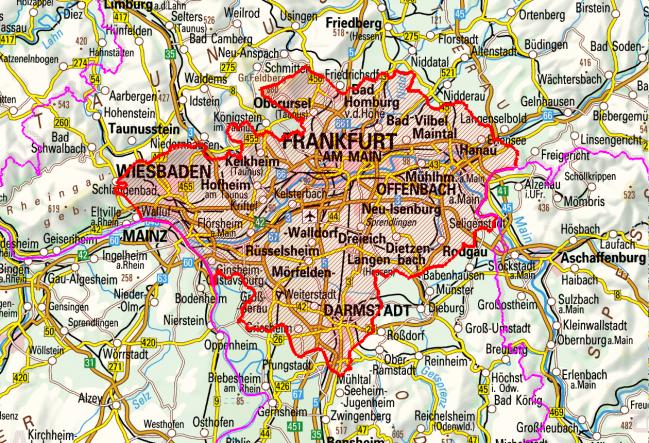 Der Ballungsraum Rhein-Main erfüllt mit einer Einwohnerzahl von 2,43 Millionen Einwohnern (Stand 30. September 2014), einer Fläche von 1.850,71 km 2 und einer Einwohnerdichte von 1.