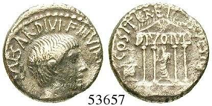 544/12; Syd.1214. selten. Bankmarken auf Vs., f.ss 490,- Octavian, 44-27 v.chr. Denar 36 v.chr., Heeresmünzstätte.