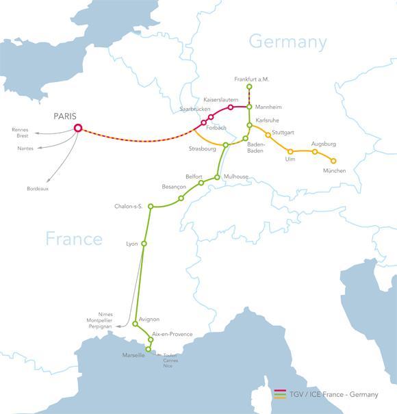 Frankfurt - Paris 3:51 7 Abfahrten pro Tag Frankfurt - Marseille 7:46 1 Abfahrt pro Tag