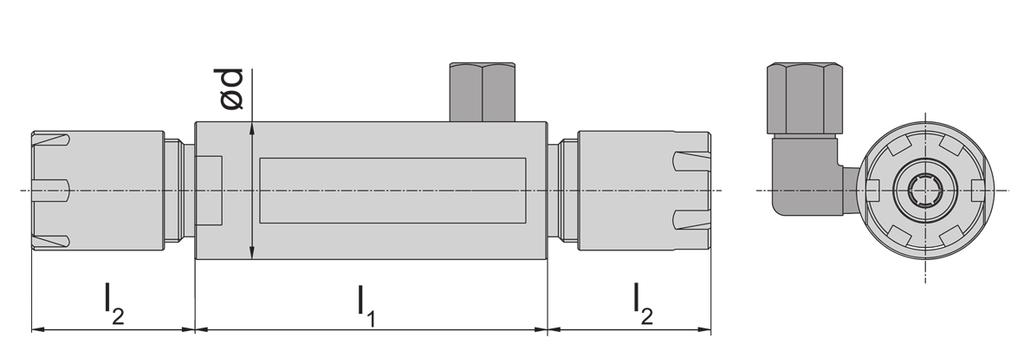 A Einstechen und Drehen GROOVING and TURNING Doppelspannzangenhalter Double chuck holders GZ79 mit innerer Kühlmittelzufuhr with through coolant supply für ER-Spannzangen mit Spannmuttern ER16 for