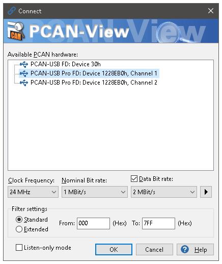 So starten und initialisieren Sie PCAN-View: 1. Öffnen Sie PCAN-View über das Windows-Startmenü. Das Dialogfenster Connect erscheint. Abbildung 13: Auswahl der Hardware und Parameter 2.