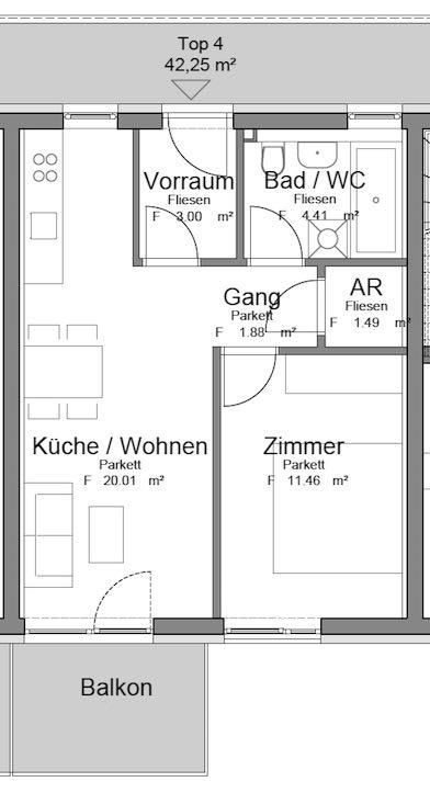 2 Zimmerwohnung im ersten Obergeschoß ca. 43 m² Wohnfläche ca. 5 m² Balkon Änderungen vorbehalten!