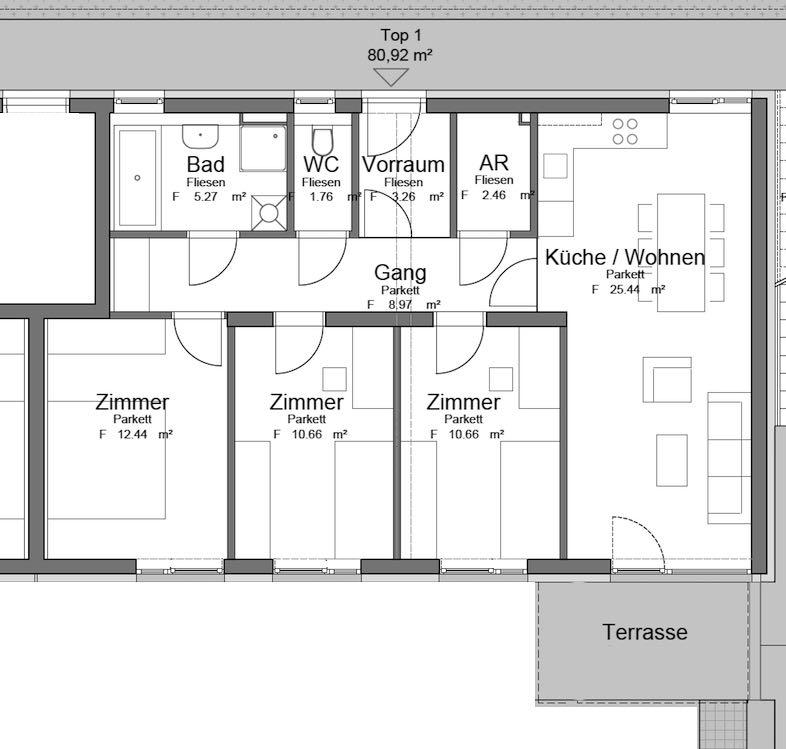 4 Zimmer - Gartenwohnung ca. 80 m² Wohnfläche ca. 7 m² Terrasse Top 1 ca. 75 m² Garten Top 2 ca.