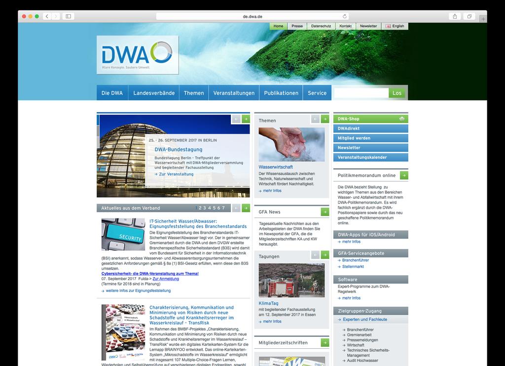 Regelwerk der Deutschen Vereinigung für Wasserwirtschaft, Abwasser und Abfall (DWA) Standards im wasserwirtschaftlichen Tageskomplex Die DWA (Deutsche Vereinigung für Wasserwirtschaft, Abwasser und