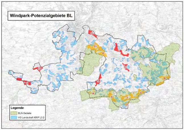 Potenzialgebiete und kantonaler Landschaftsschutz /KP/Hb 10 000 ha VG Landschaft*) = 19 % BL = 46 % LW 6 Potenzialgebiete = 1 500 ha = < 3 % BL Innerhalb Potenzialgebiete liegen 200 ha VGL = 13 %