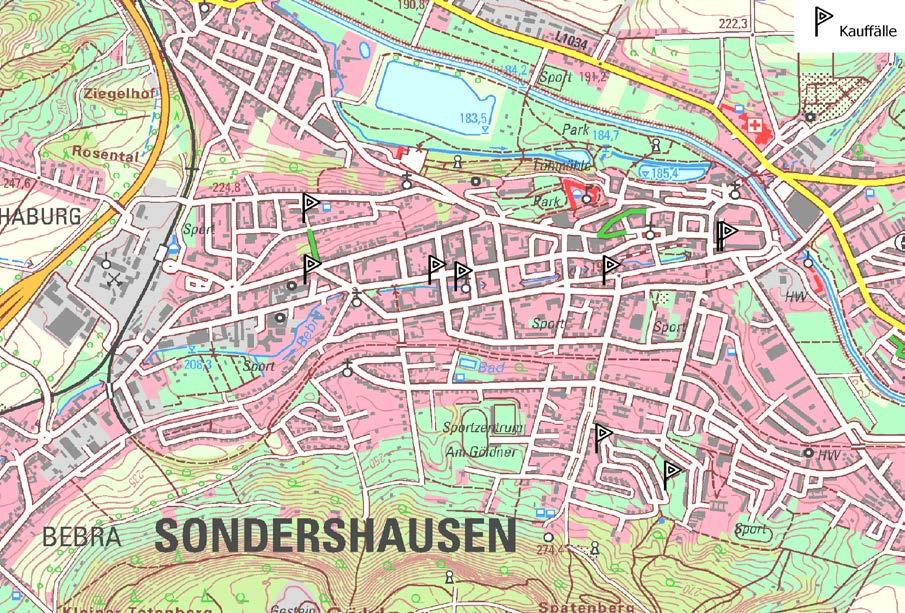 Abbildung 19 Kauffallübersichtskarte beim Rohertragsfaktor von Wohnungseigentumen mit dem Bodenwertniveau 23 bis < 59 Abbildung 20 Kauffalldetailübersichtskarte Sondershausen beim