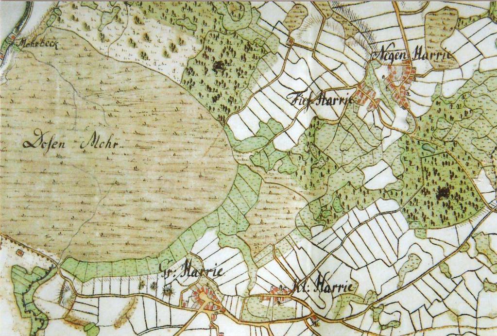 Lage der Harrie-Dörfer am Dosenmoor 2 Auch siedlungsgeschichtliche Aspekte könnten dazu beigetragen haben. Möller erinnert daran, dass das Gebiet des alten Amtes Bordesholm im 12.