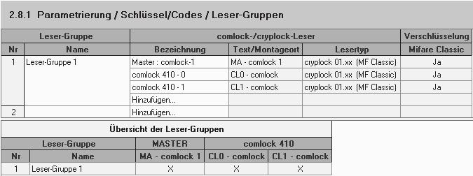 Parametrierung Schlüssel/Codes: Leser-Gruppen Voraussetzung: bei Einstellungen "Geräte- und Version" zusätzlicher Parameter "comlock-codes" aktiviert Durch die Bildung von Leser-Gruppen ist das