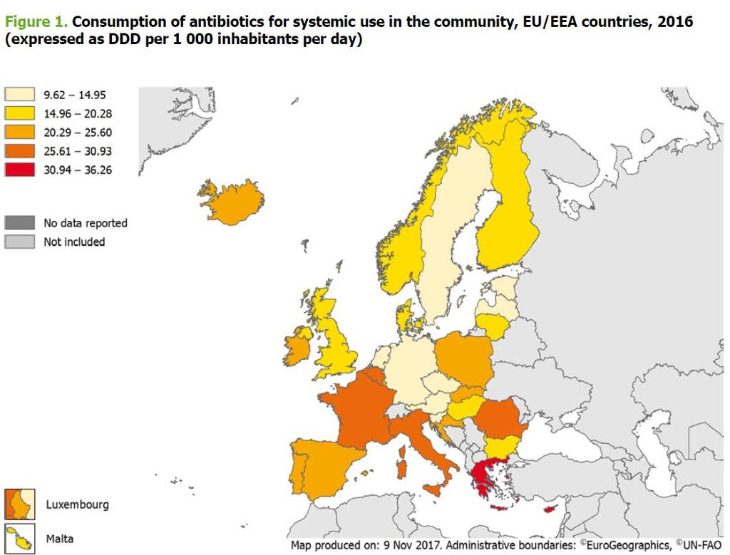 Antibiotikagebrauch Menschen Europe 2016 (ambulant) Schweiz