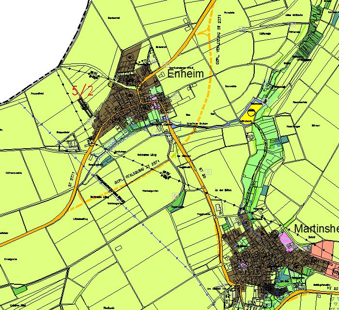 3.2 Gewerbegebiet in Enheim (Änderungs-Nr. 5/2) Das 0,38 ha umfassende Plangebiet liegt am südwestlichen Ortsrand von Enheim und wird aktuell landwirtschaftlich genutzt.