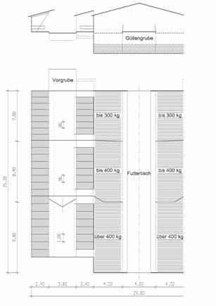 12: Liegeboxenstall Variante 4 (Umbau Vollspaltenbuchten-Stall).