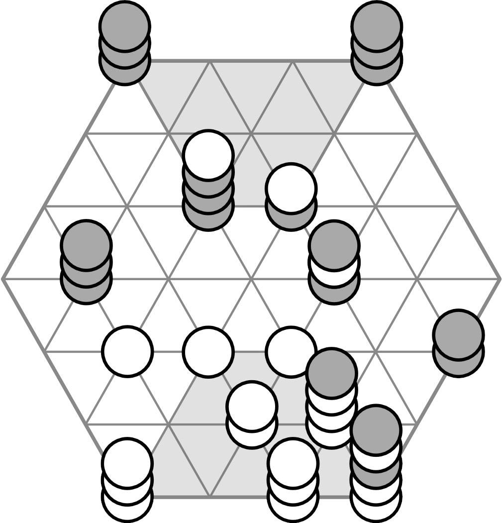 Beispielpartie Weiß Schwarz 1. b4:2-c5 e4:+e3 2. a4:3-b4 f2:+f3,+e3 3. b2:2+c3 f4:2-e5 4. c4:-d4 e3:+e5, d4 5. b4: d4,2-c4 e5: c4 6. c5: c4,-d5 e5:-e4 7. d4:2 e3,-d3 e4:-d4 8. c4:2 d4 f3: e3,2 d5 9.