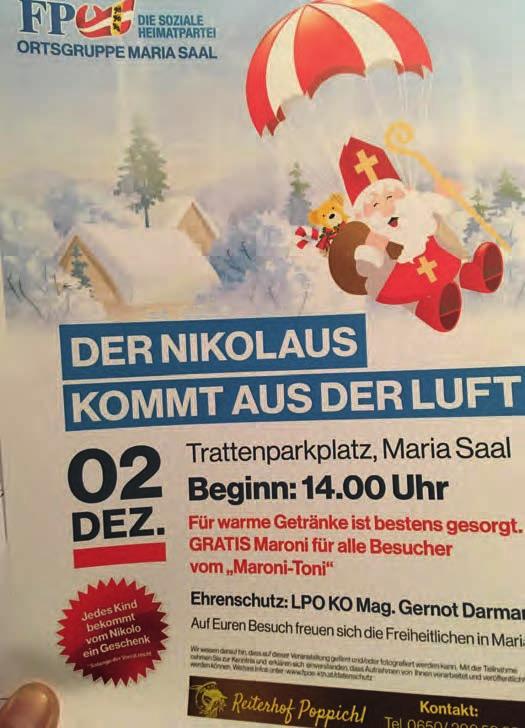 Dezember aus einem Doppeldecker an einem Fallschirm hängend und landet als Nikolaus verkleidet in Maria Saal am Trattenparkplatz ein.