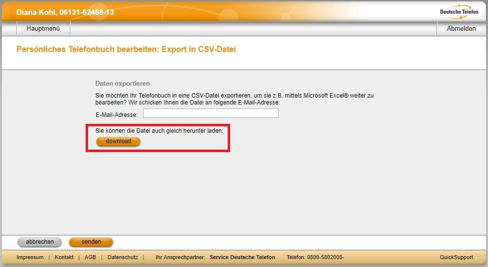 2. Laden Sie die CSV-Exportdatei direkt herunter, in dem Sie auf den mittigen Button download klicken. 9.