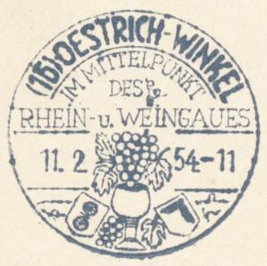 Traube, rechts Weinblatt und Wappen von Winkel. Ø.