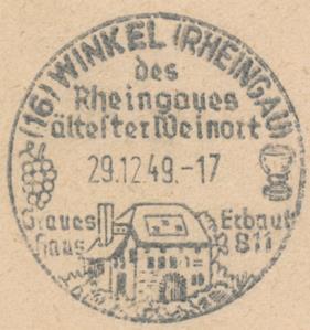 Winkel 29.12.1949 23.12.1952 Werbestempel: (16) Winkel (Rheingau) Des Rheingaues ältester Weinort.