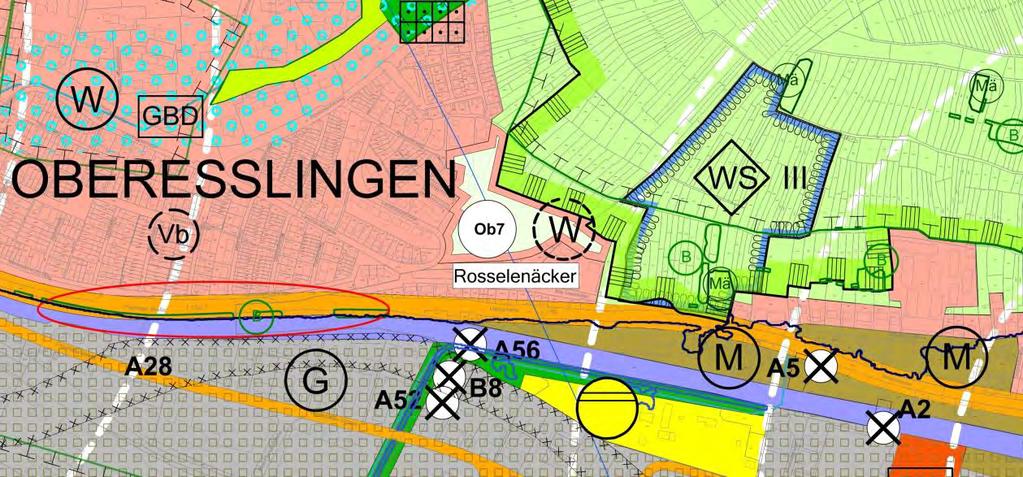 Geplante Ausweisung von Wohn- und Mischbauflächen 128 Ob 7: Rosselenäcker Die Untersuchungsfläche gehört zum Stadtteil Oberesslingen, liegt am östlichen Rand der Siedlungsstruktur der Gartenstadt