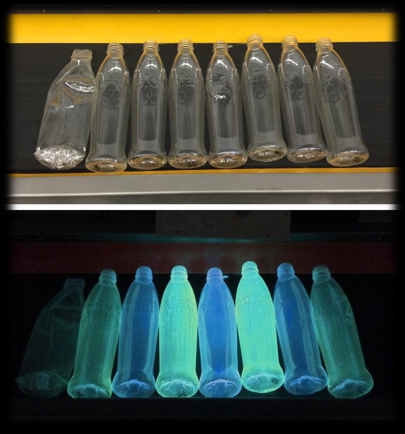 Unterscheidung UV Licht ausgeschaltet Bei normalem Tageslicht ist kein Unterschied zwischen den Flaschen mit Marker und den Flaschen ohne Marker