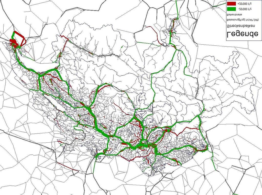 ASTRA 85 Im Szenario C (Netzmodell) ist eine markante Verlagerung der MIV-Belastung von den Autobahnen und übrigen Hauptachsen des relevanten Netzes auf untergeordnete Achsen zu erkennen (Abb. 49).