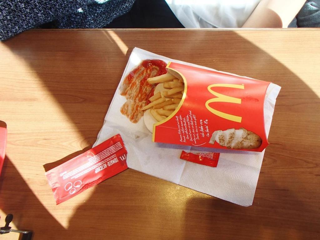 Eine Mitarbeiterin beim undercover- Besuch bei McD: teilnehmende Beobachtung Zwei Mädchen essen Pommes und zwei Chickenburger. Sie essen sehr kultiviert.