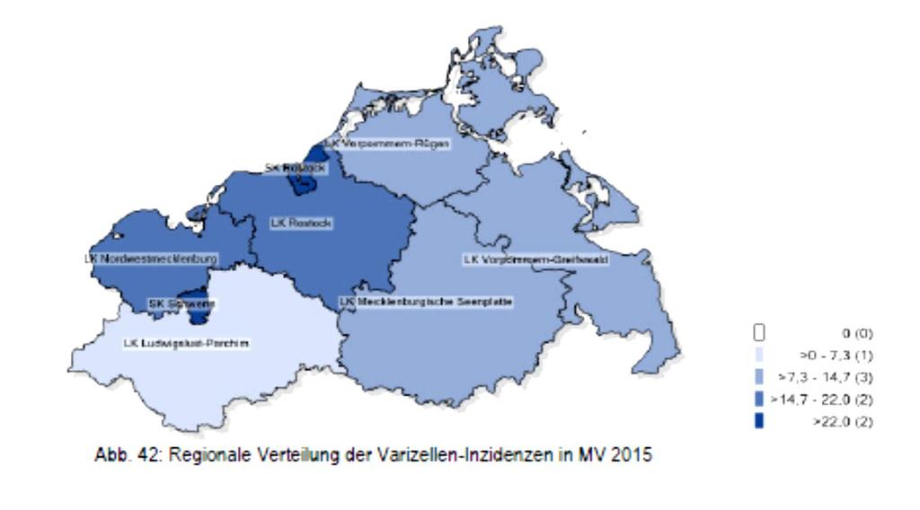 Varizellen 05 gab es 4,7 Erkrankungen je 00.000 Einwohner. Die größte Häufigkeit wies die Stadt Schwerin mit 7,3 Fällen je 00.000 Einwohner auf.